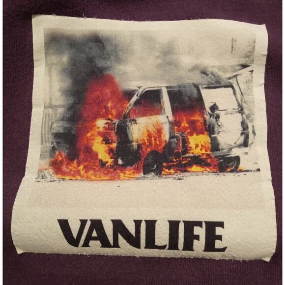VTG Y2K VANLIFE Purple Hoodie Van On Fire Graphic Retro Humor Streetwear SZ M - Picture 3 of 6